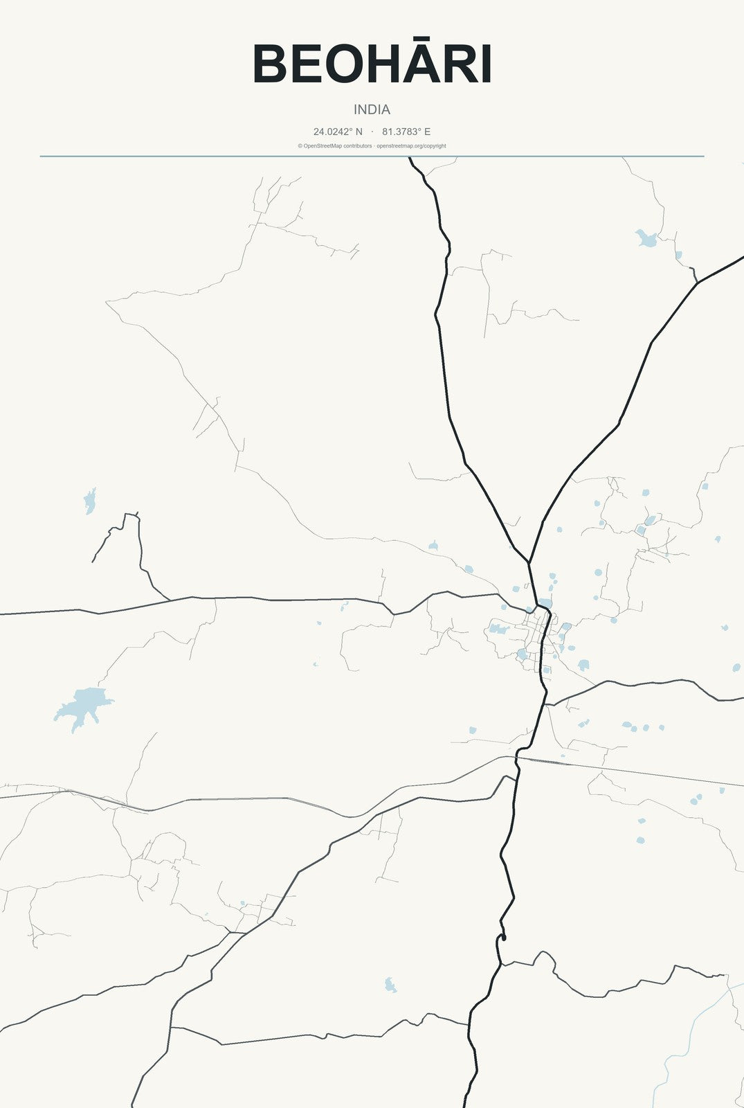 Beohāri, India City Map Aluminum Sign in Headline Atlas style