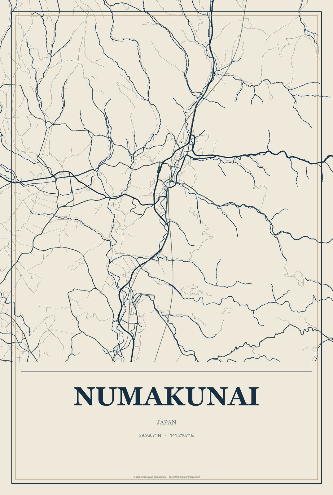 Numakunai, Japan City Map Aluminum Sign in Coastal Cutout style