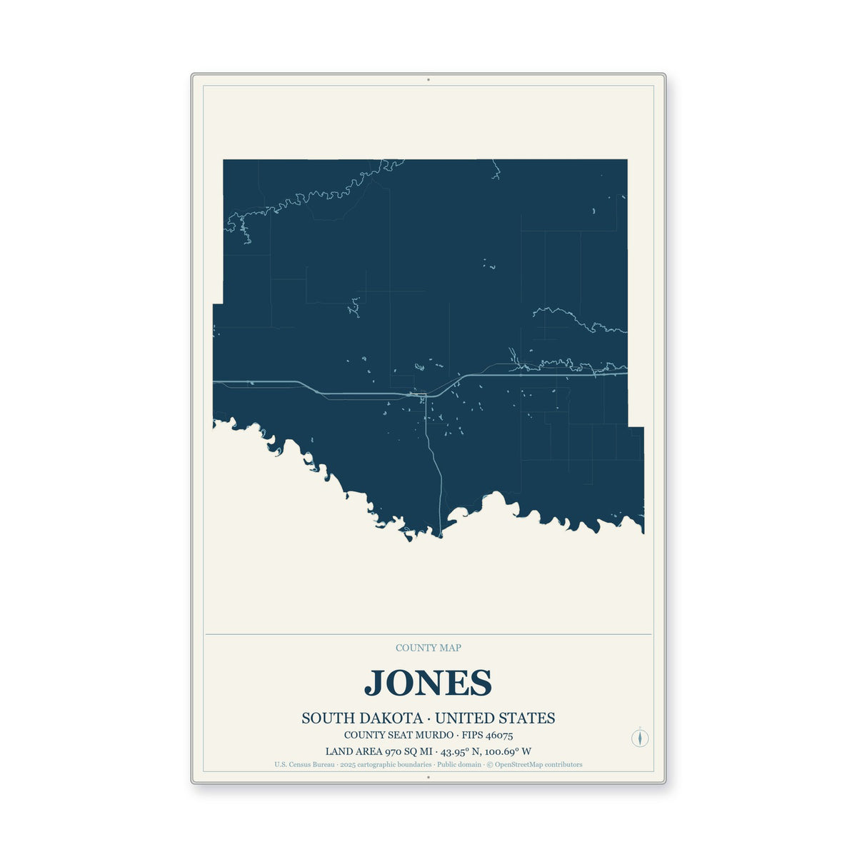 Jones County, South Dakota Map Aluminum Sign in Coastal Cutout style