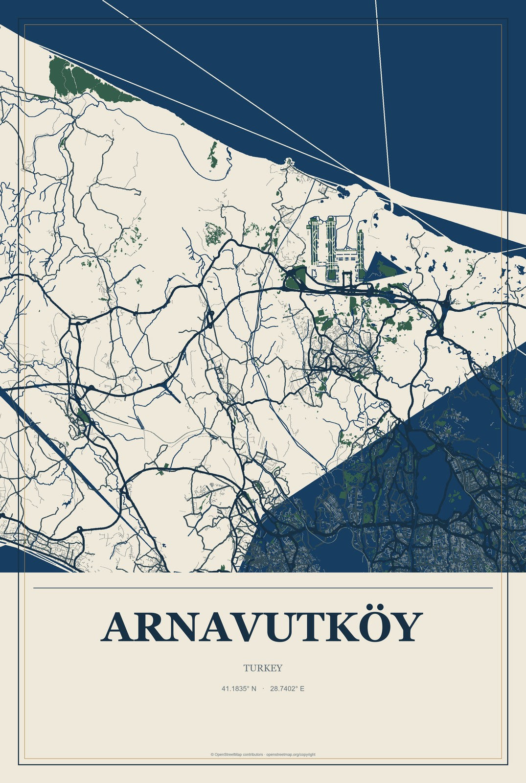 Arnavutköy, Turkey City Map Aluminum Sign in Coastal Cutout style