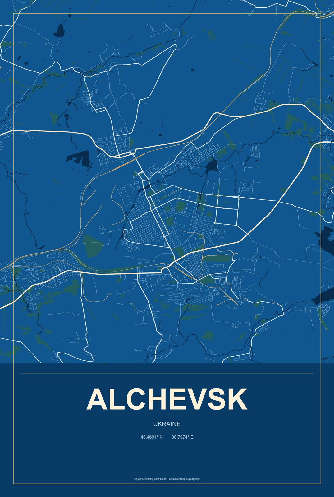 Alchevsk, Ukraine City Map Aluminum Sign in Harbor Cobalt style