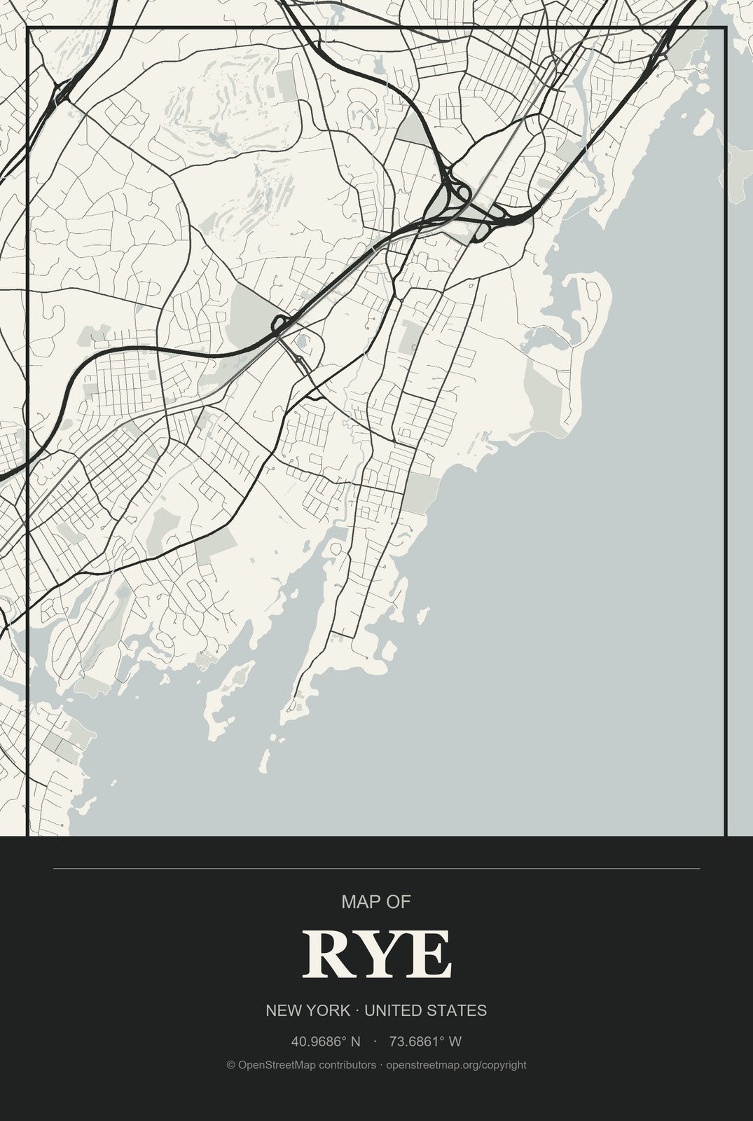 Rye, New York City Map Aluminum Sign in Museum Plaque style