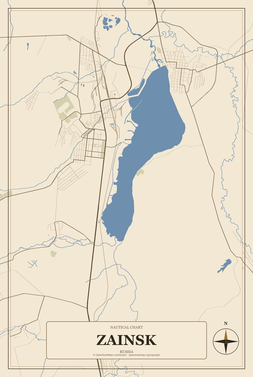 Zainsk, Russia City Map Aluminum Sign in Heritage Nautical style