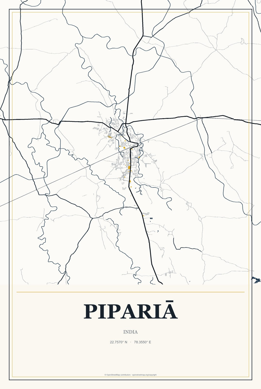 Pipariā, India City Map Aluminum Sign in Citrine Modern style