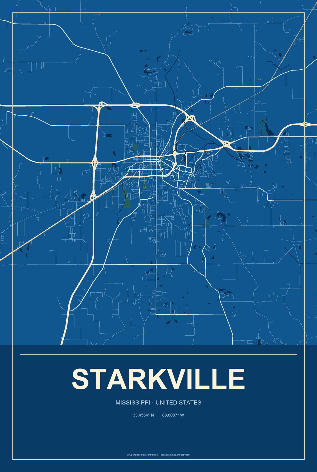 Starkville, Mississippi City Map Aluminum Sign in Harbor Cobalt style