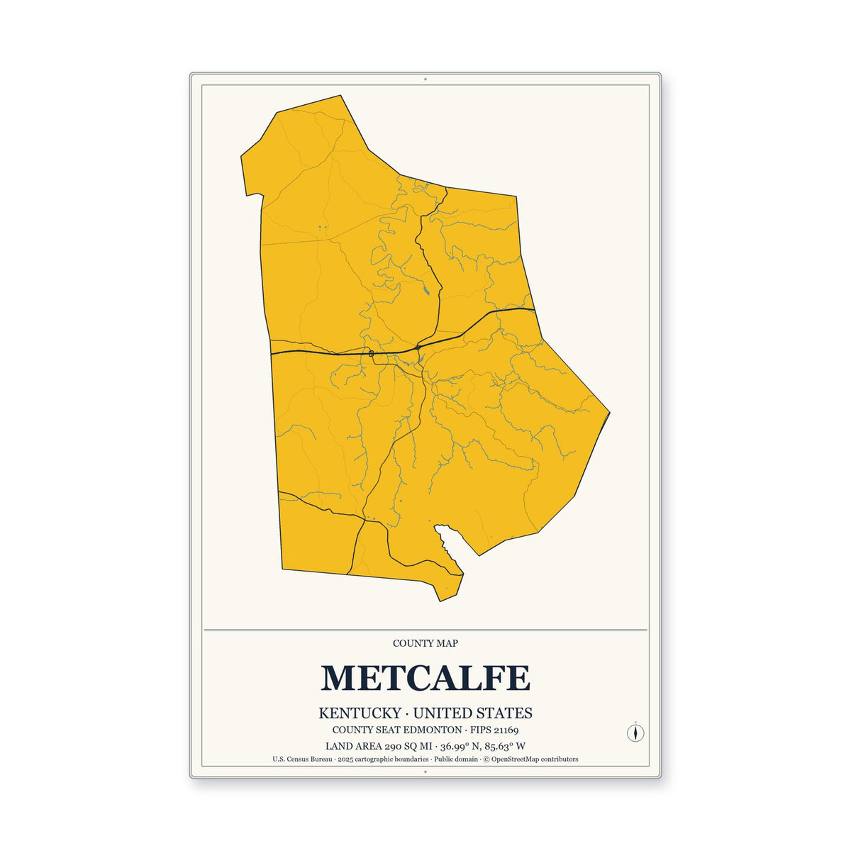 Metcalfe County, Kentucky Map Aluminum Sign in Citrine Modern style