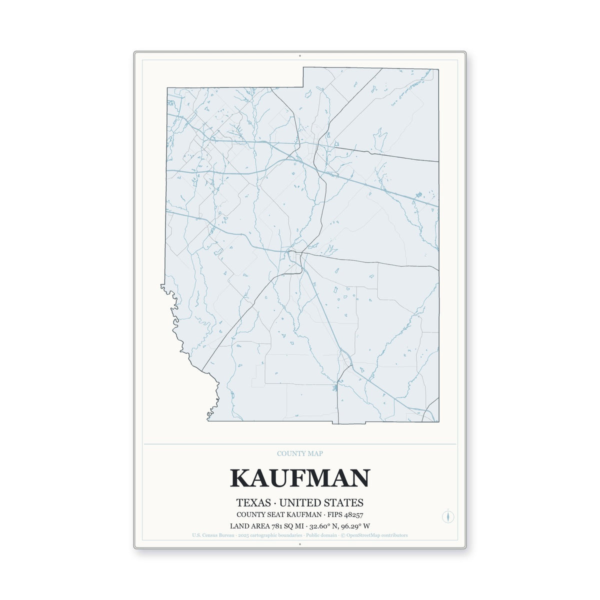 Kaufman County, Texas Map Aluminum Sign in Gallery Air style