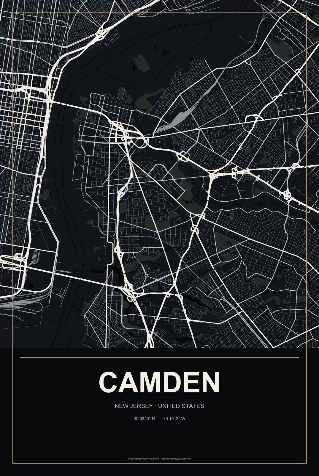 Camden, New Jersey City Map Aluminum Sign in Metropolitan Noir style