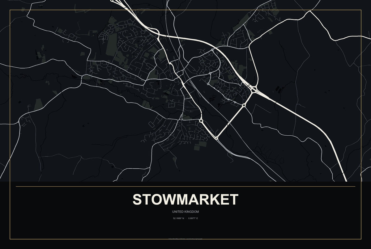Stowmarket, United Kingdom City Map Aluminum Sign in Metropolitan Noir style