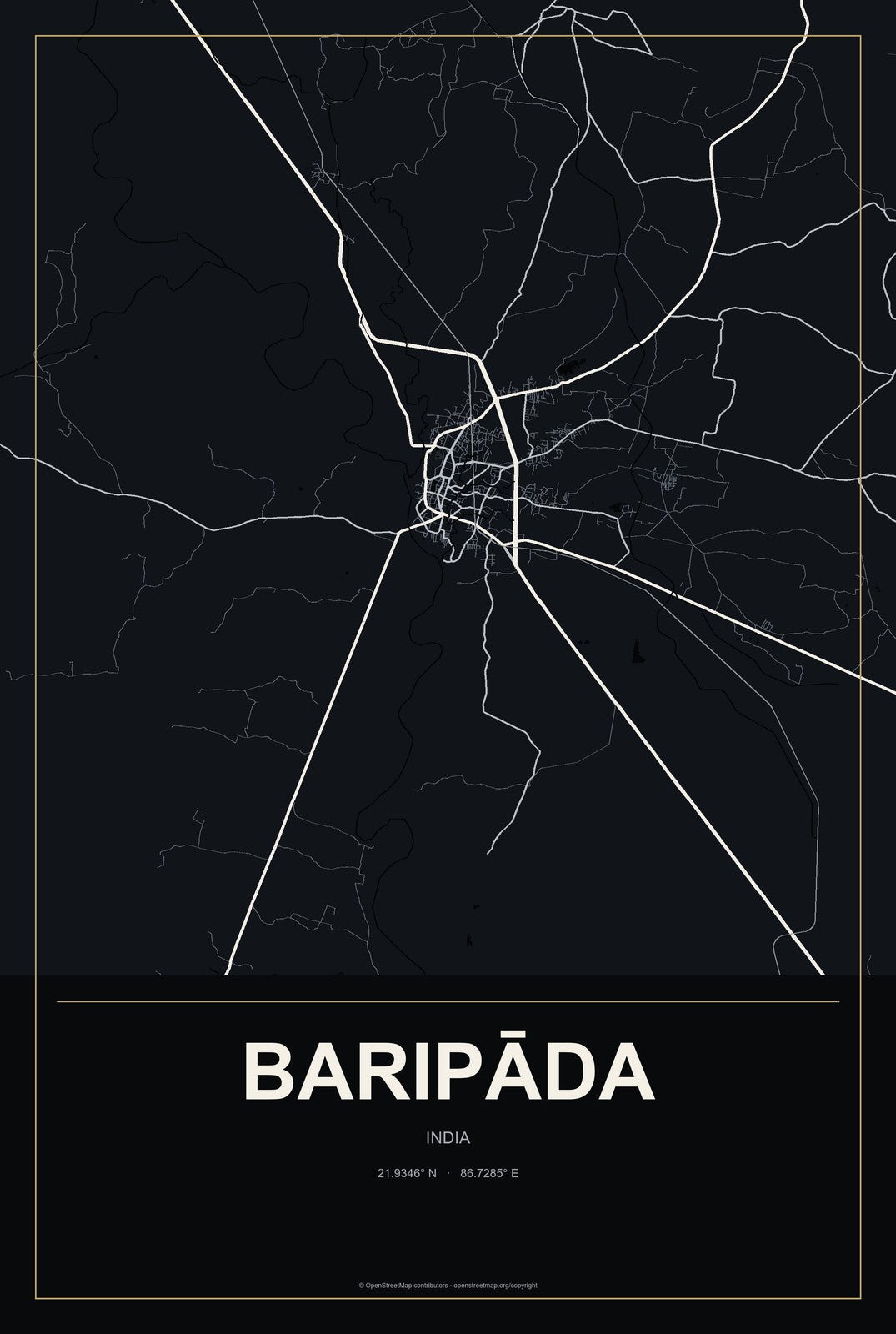 Baripāda, India City Map Aluminum Sign in Metropolitan Noir style