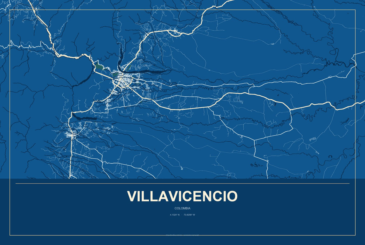 Villavicencio, Colombia City Map Aluminum Sign in Harbor Cobalt style