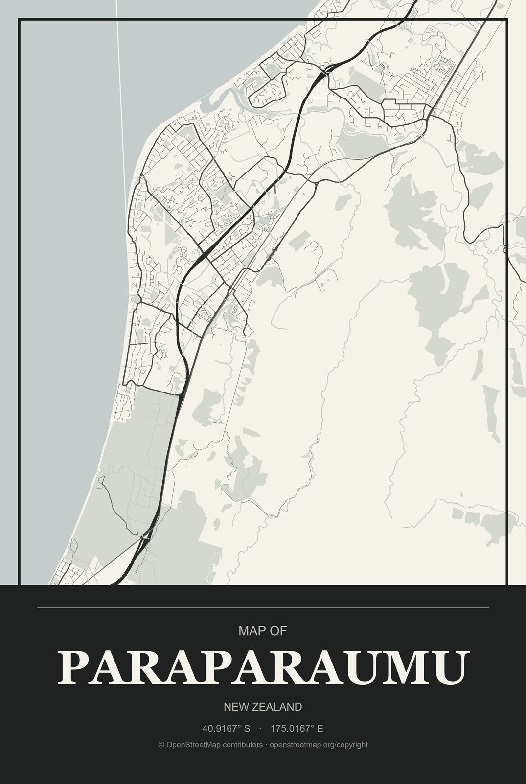 Paraparaumu, New Zealand City Map Aluminum Sign in Museum Plaque style