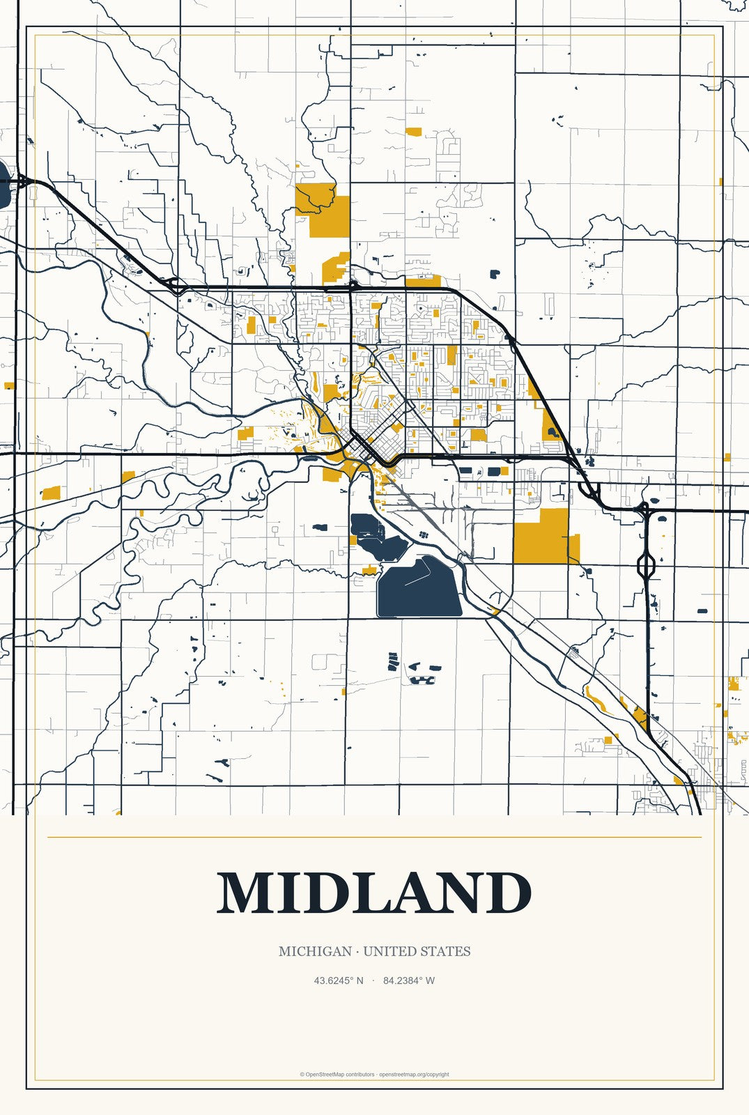 Midland, Michigan City Map Aluminum Sign in Citrine Modern style