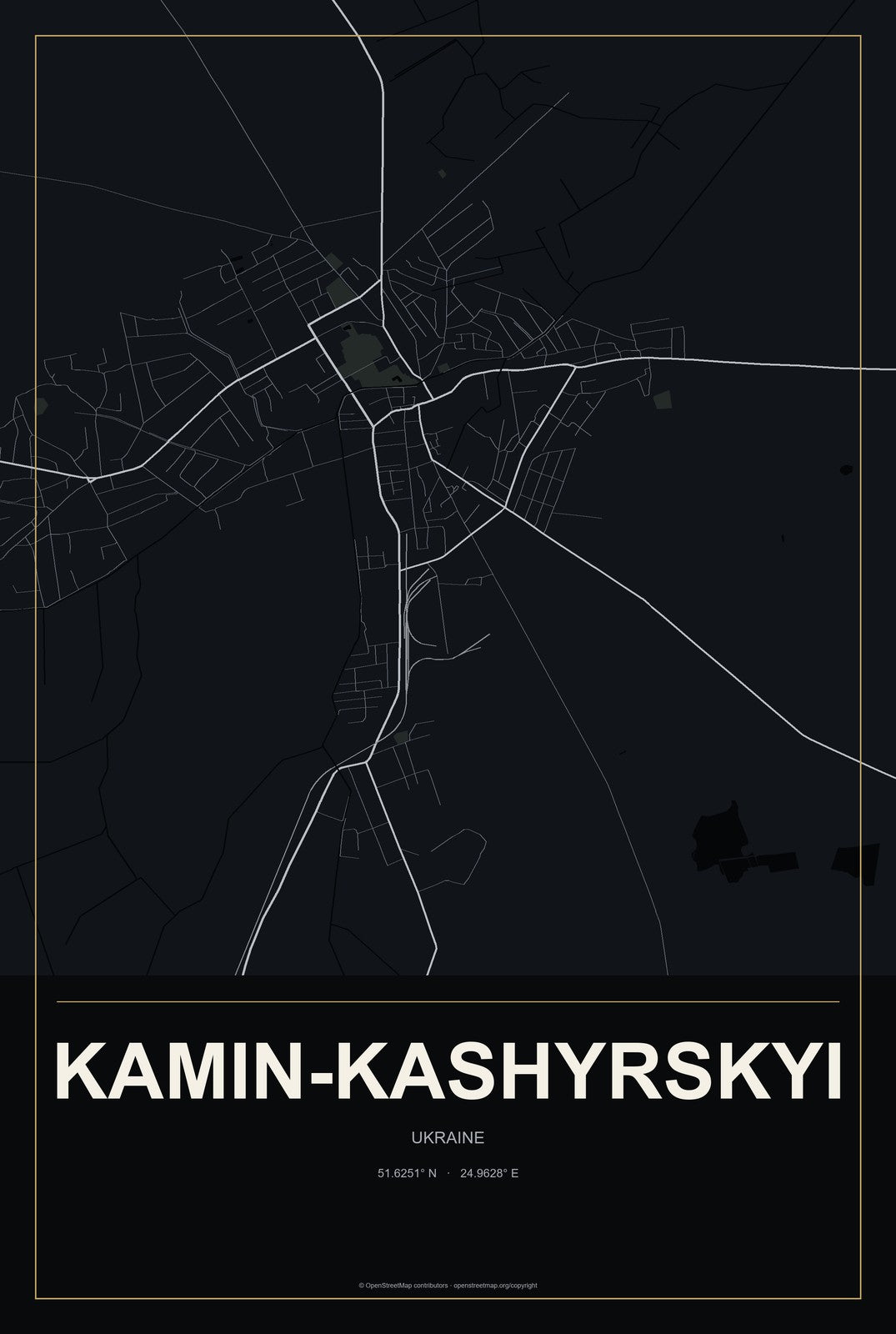 Kamin-Kashyrskyi, Ukraine City Map Aluminum Sign in Metropolitan Noir style