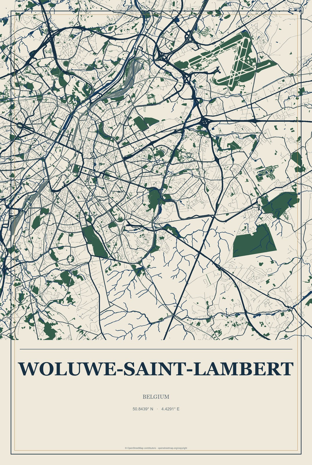 Woluwe-Saint-Lambert, Belgium City Map Aluminum Sign in Coastal Cutout style