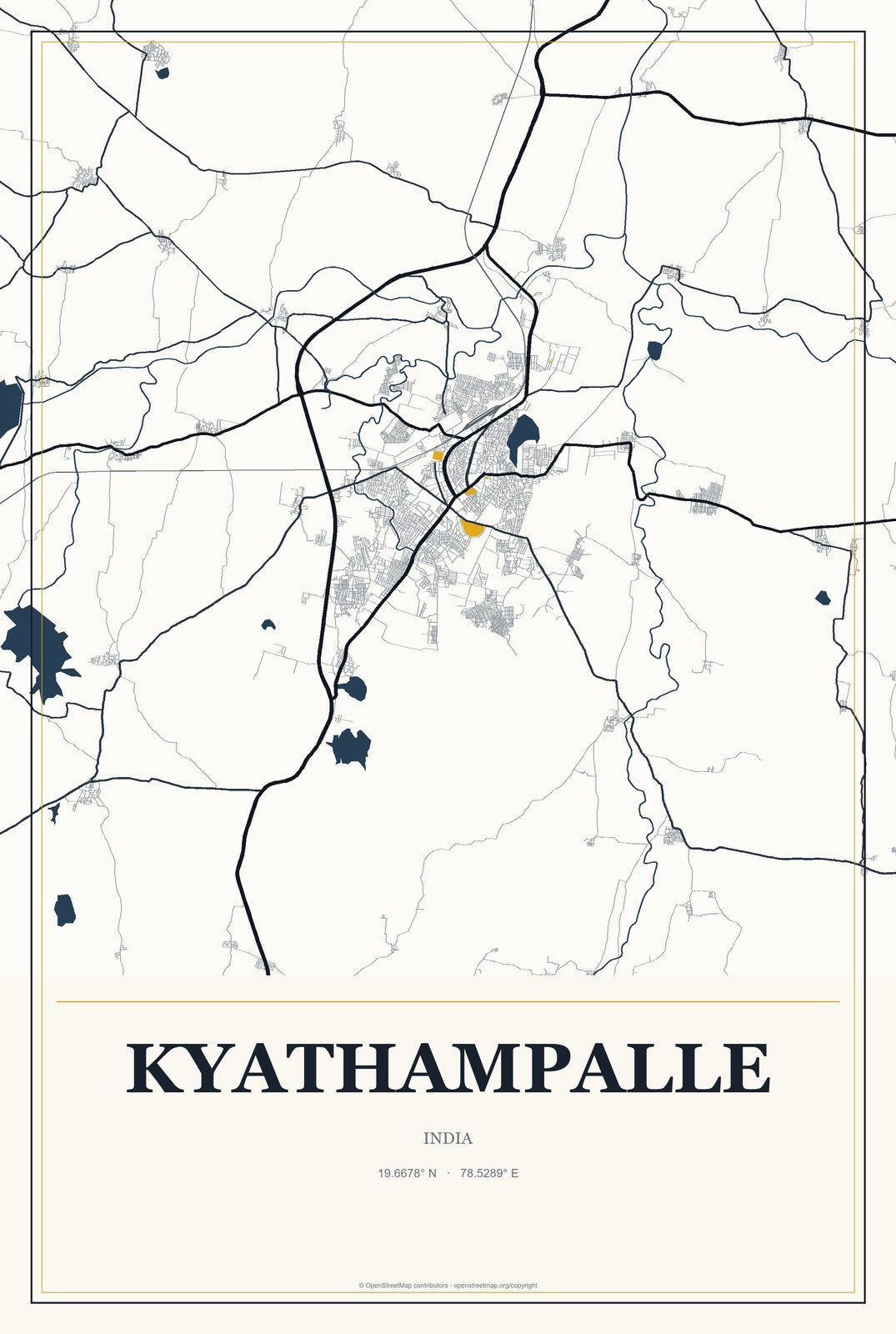 Kyathampalle, India City Map Aluminum Sign in Citrine Modern style