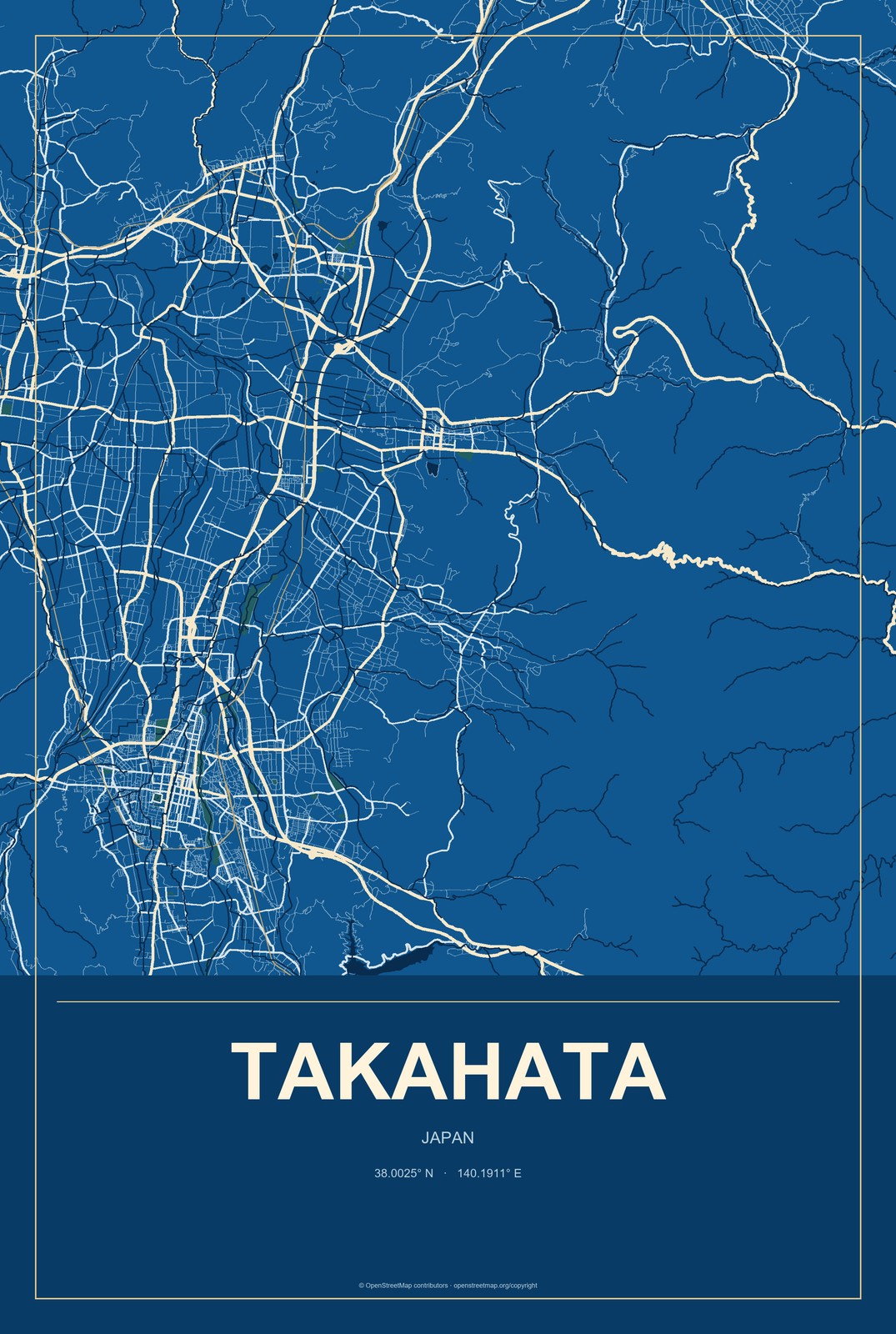 Takahata, Japan City Map Aluminum Sign in Harbor Cobalt style