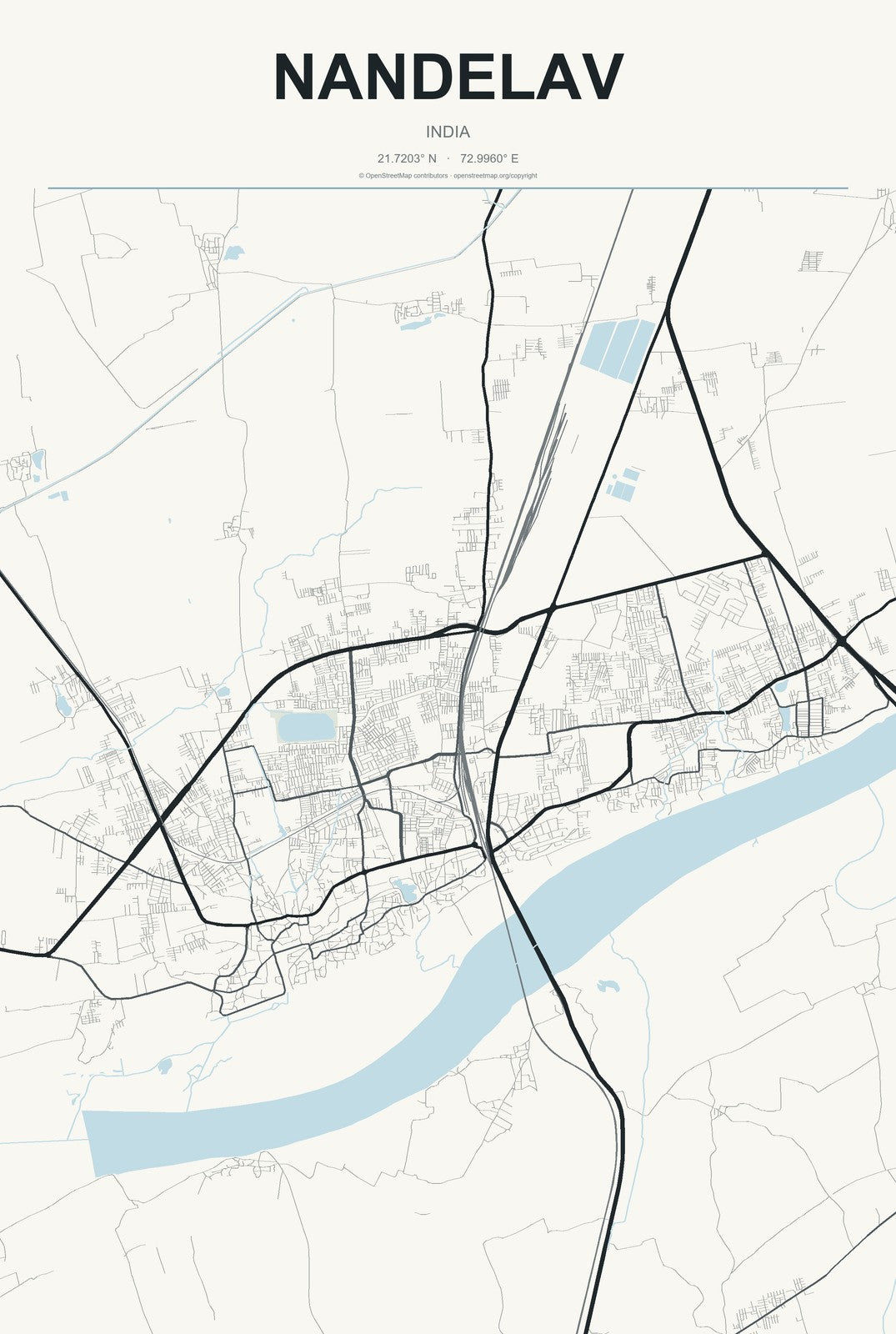 Nandelav, India City Map Aluminum Sign in Headline Atlas style