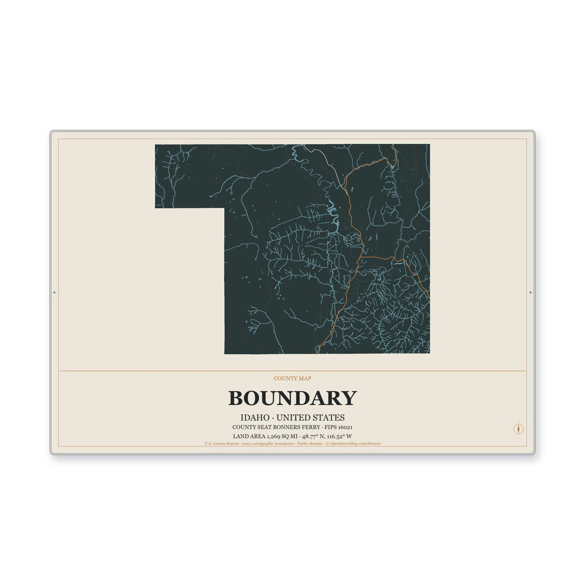 Boundary County, Idaho Map Aluminum Sign in Headline Atlas style