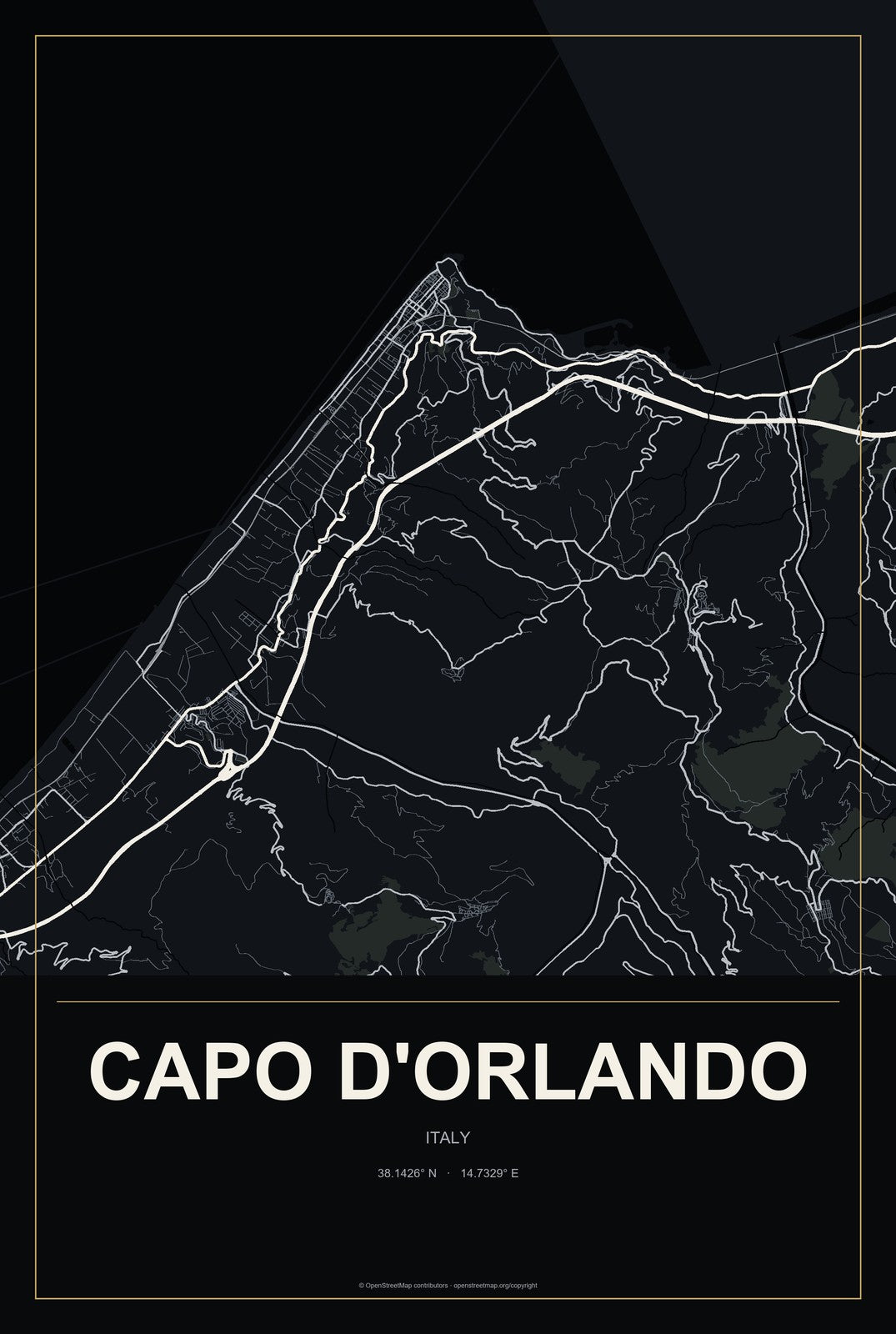 Capo d'Orlando, Italy City Map Aluminum Sign in Metropolitan Noir style