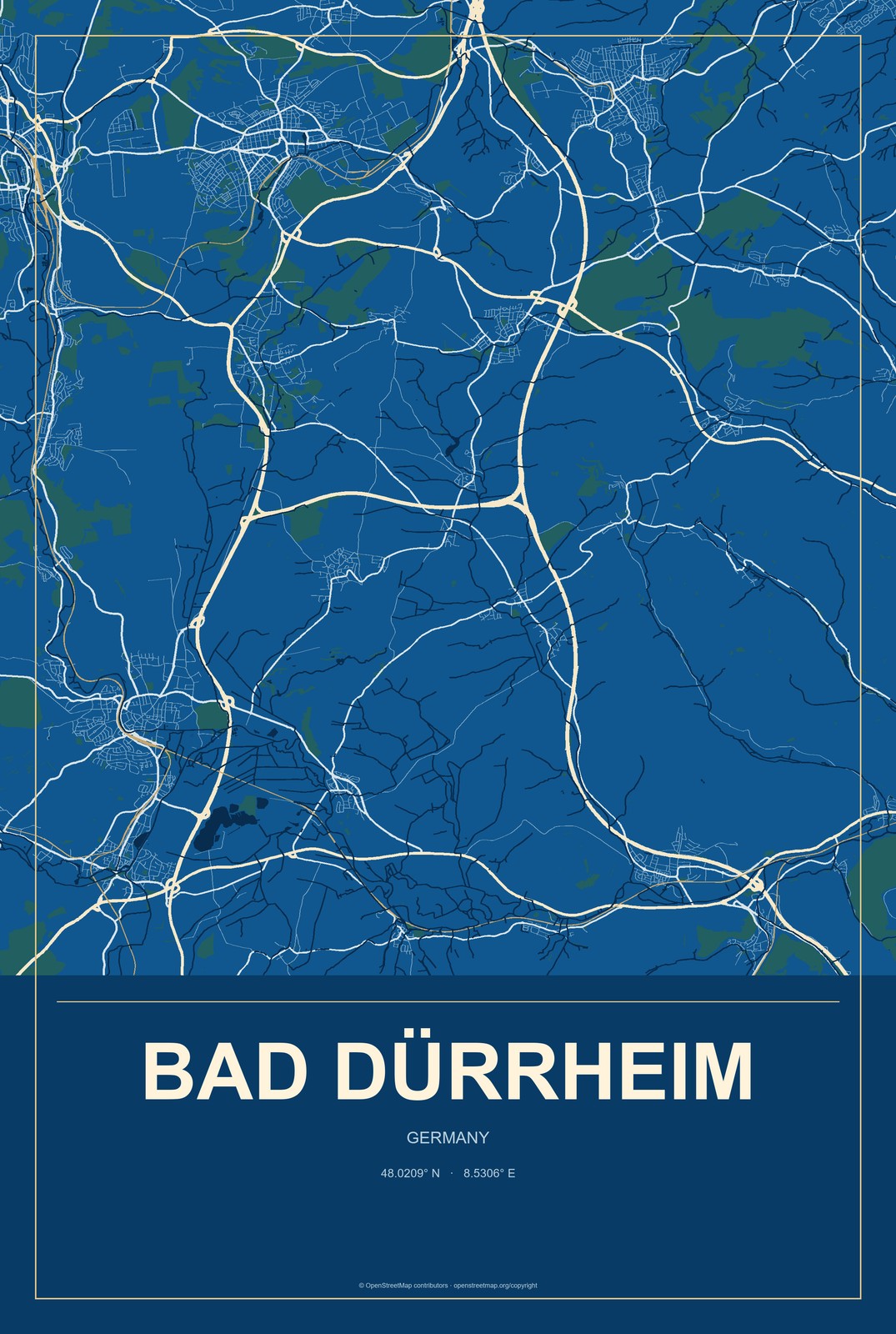 Bad Dürrheim, Germany City Map Aluminum Sign in Harbor Cobalt style