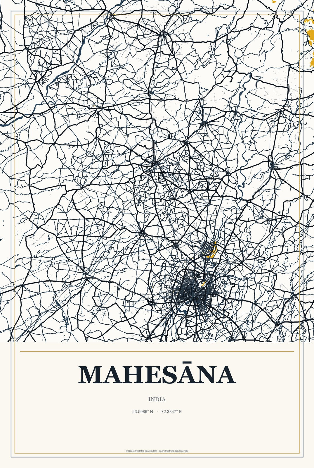 Mahesāna, India City Map Aluminum Sign in Citrine Modern style