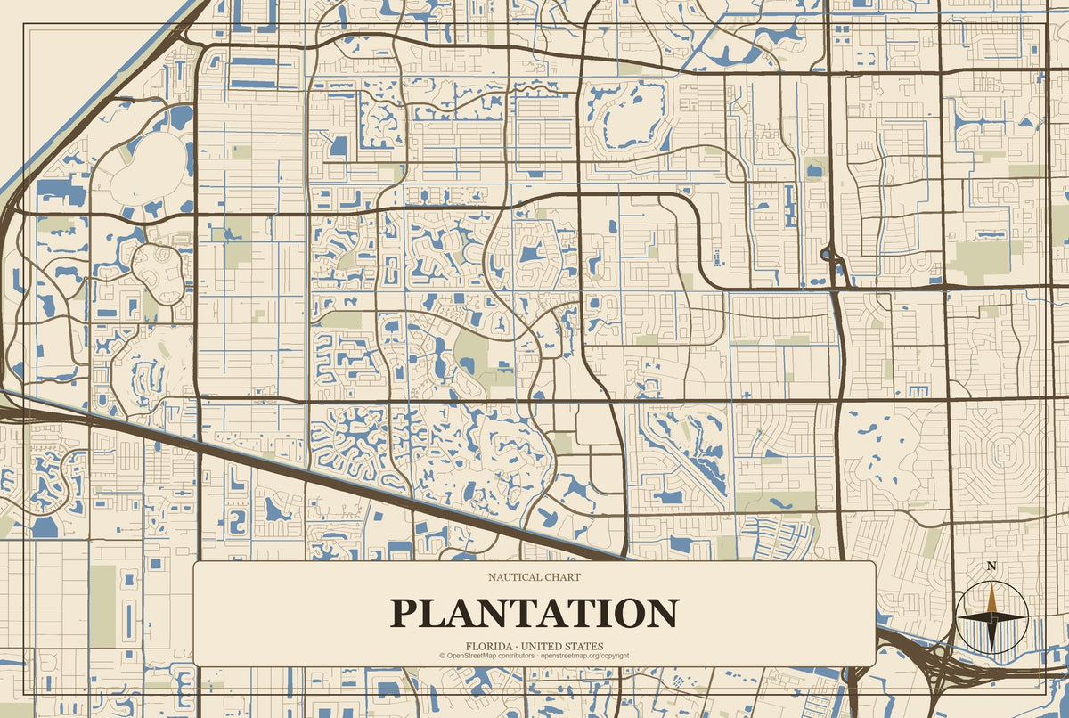 Plantation, Florida City Map Aluminum Sign in Heritage Nautical style