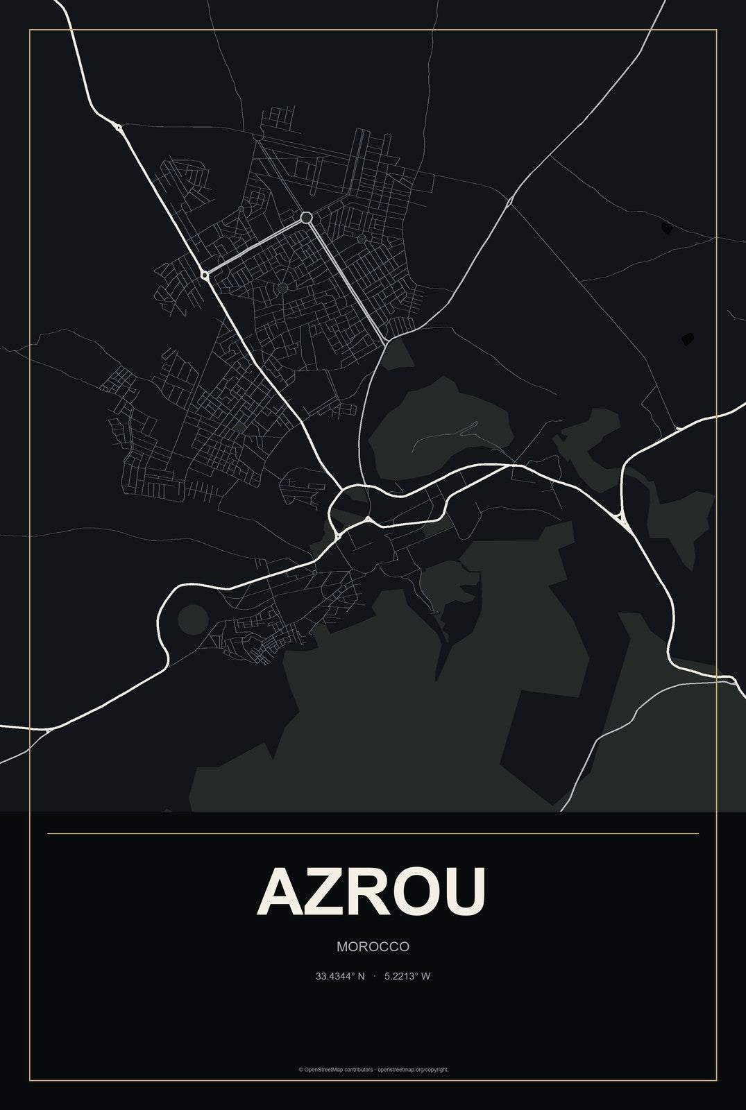 Azrou, Morocco City Map Aluminum Sign in Metropolitan Noir style