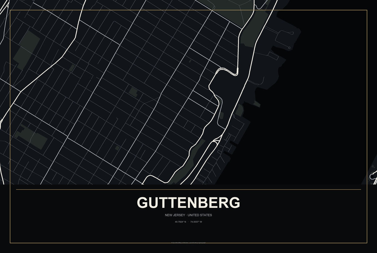 Guttenberg, New Jersey City Map Aluminum Sign in Metropolitan Noir style