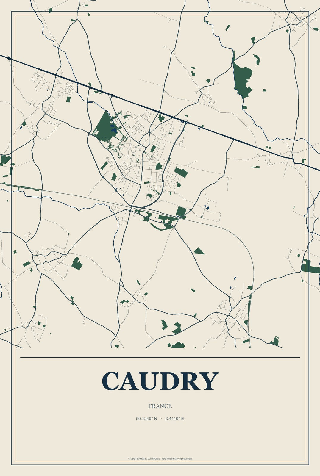 Caudry, France City Map Aluminum Sign in Coastal Cutout style