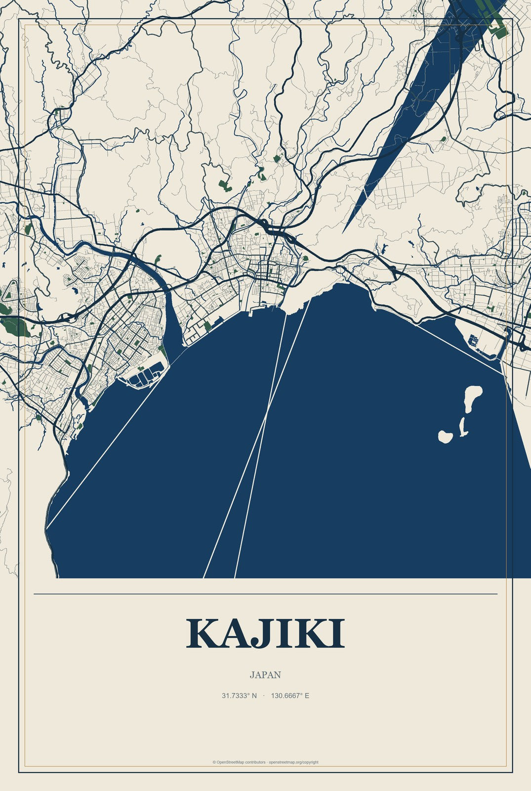 Kajiki, Japan City Map Aluminum Sign in Coastal Cutout style