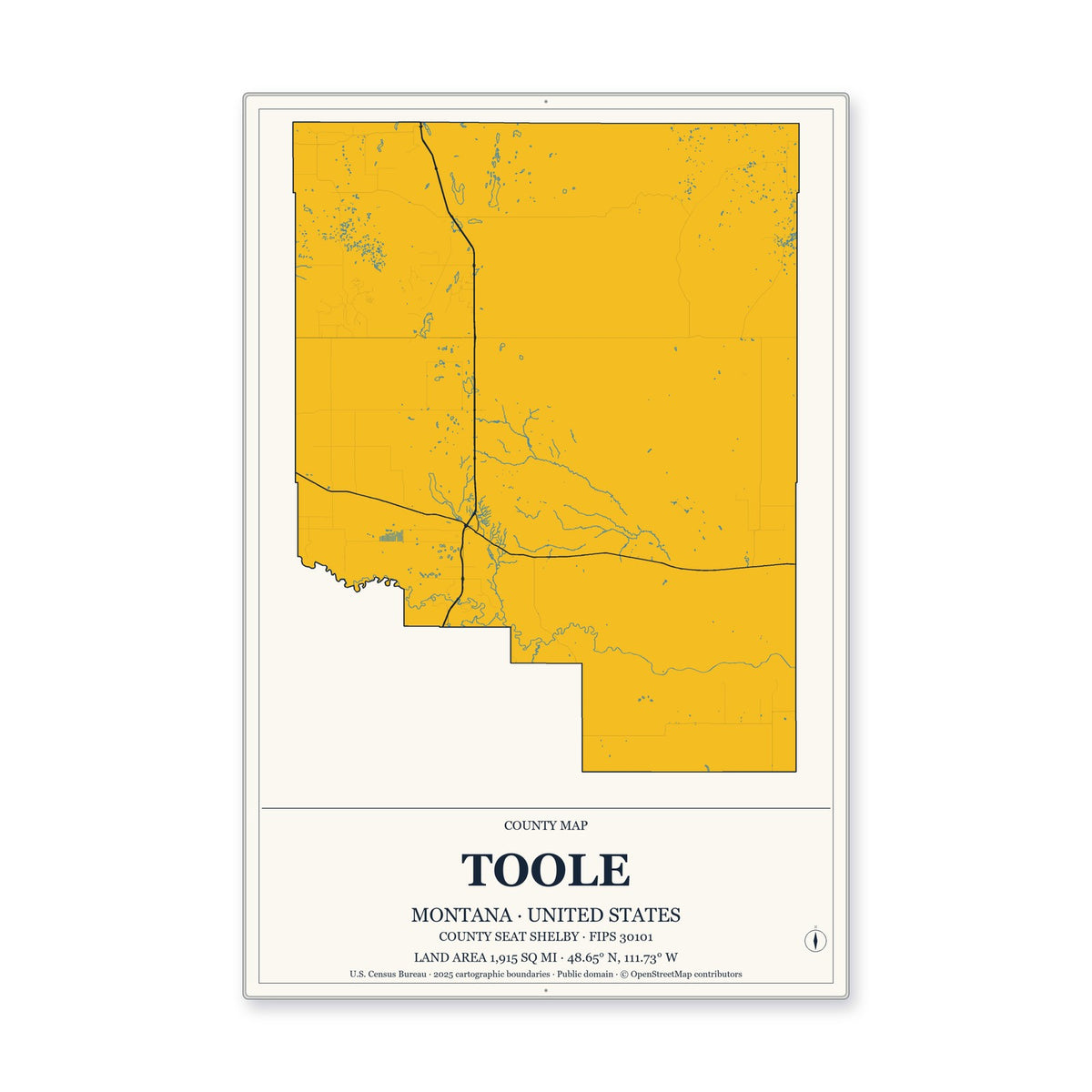 Toole County, Montana Map Aluminum Sign in Citrine Modern style