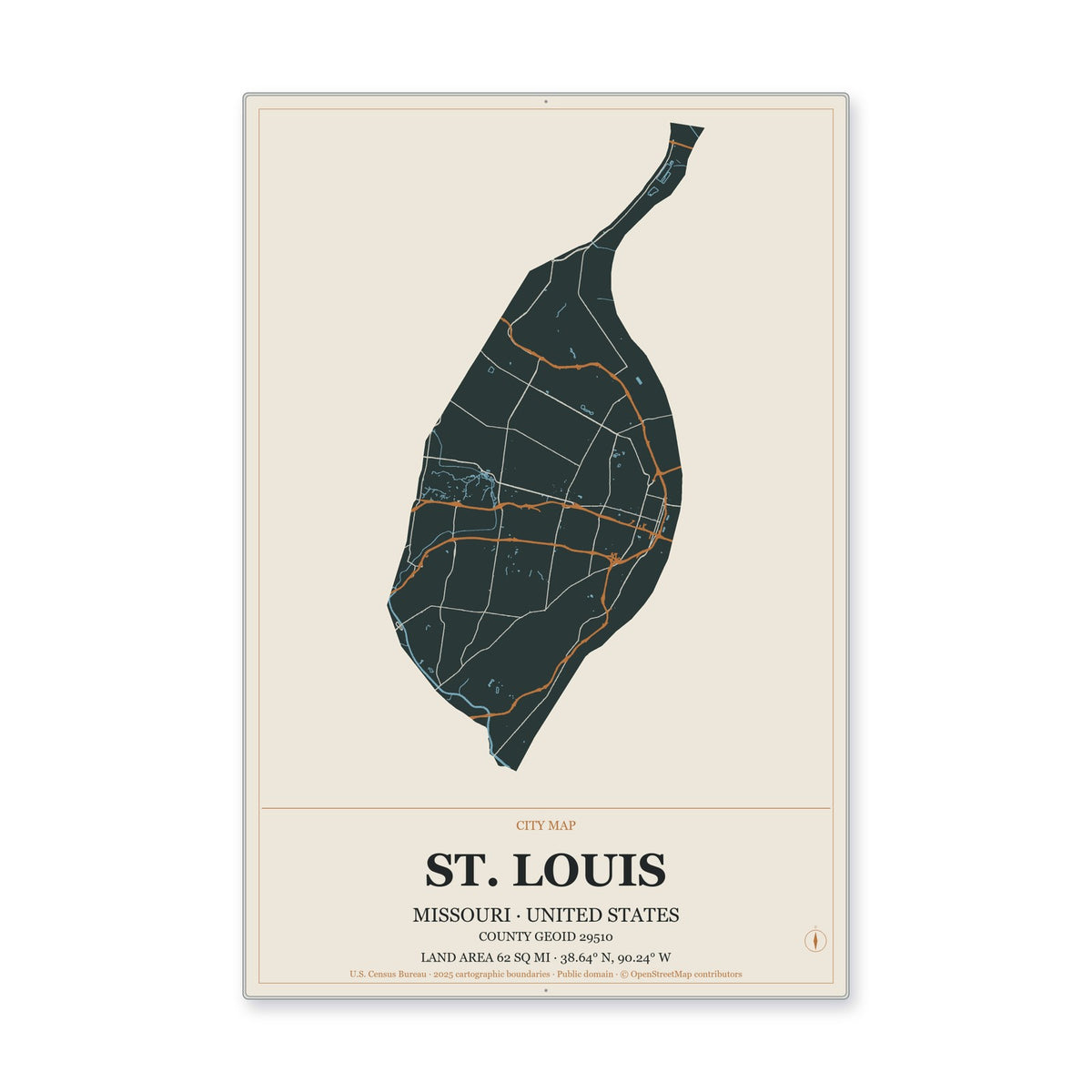 St. Louis city, Missouri Map Aluminum Sign in Headline Atlas style