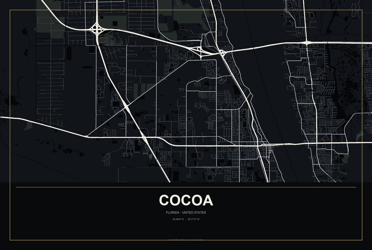 Cocoa, Florida City Map Aluminum Sign in Metropolitan Noir style