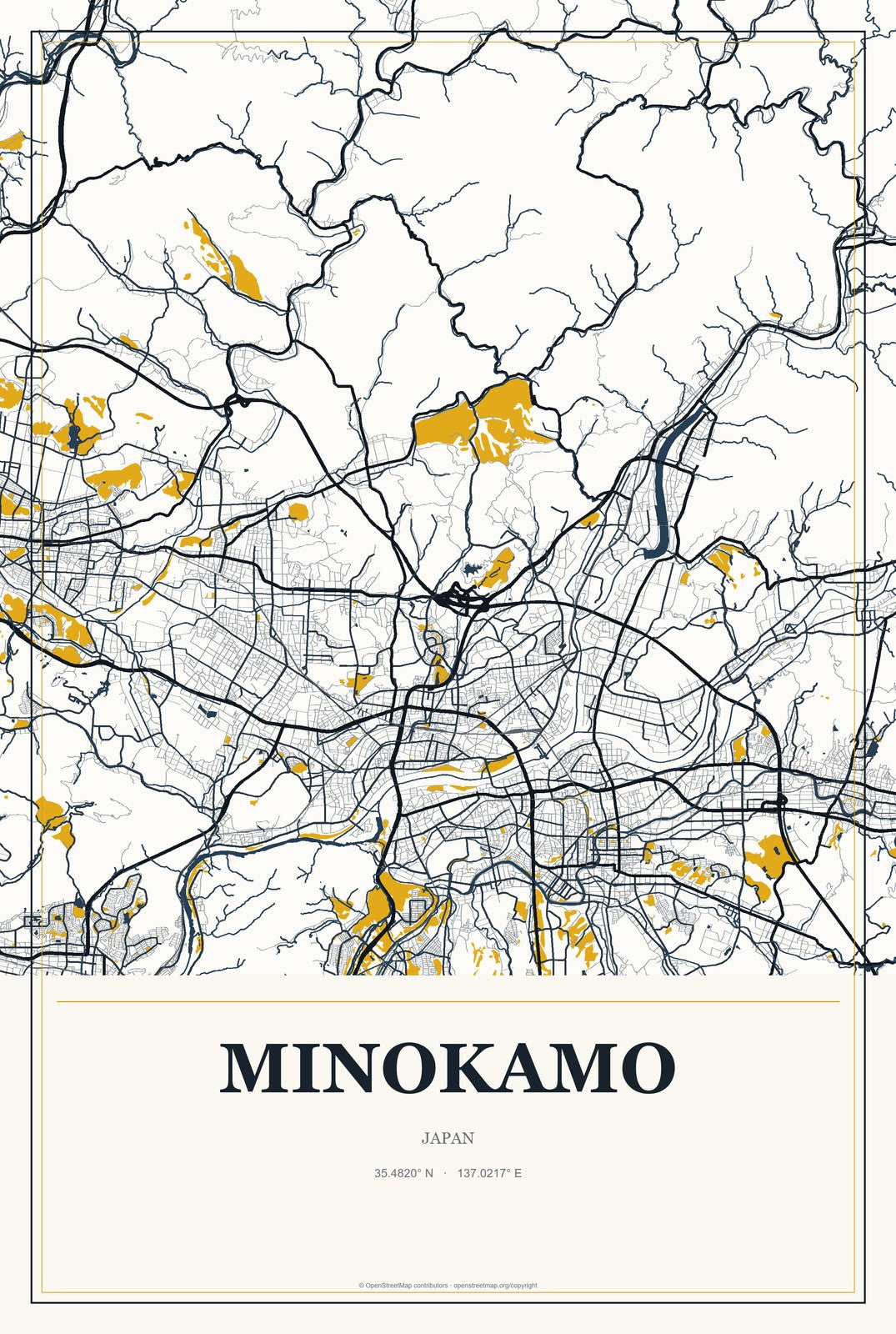 Minokamo, Japan City Map Aluminum Sign in Citrine Modern style