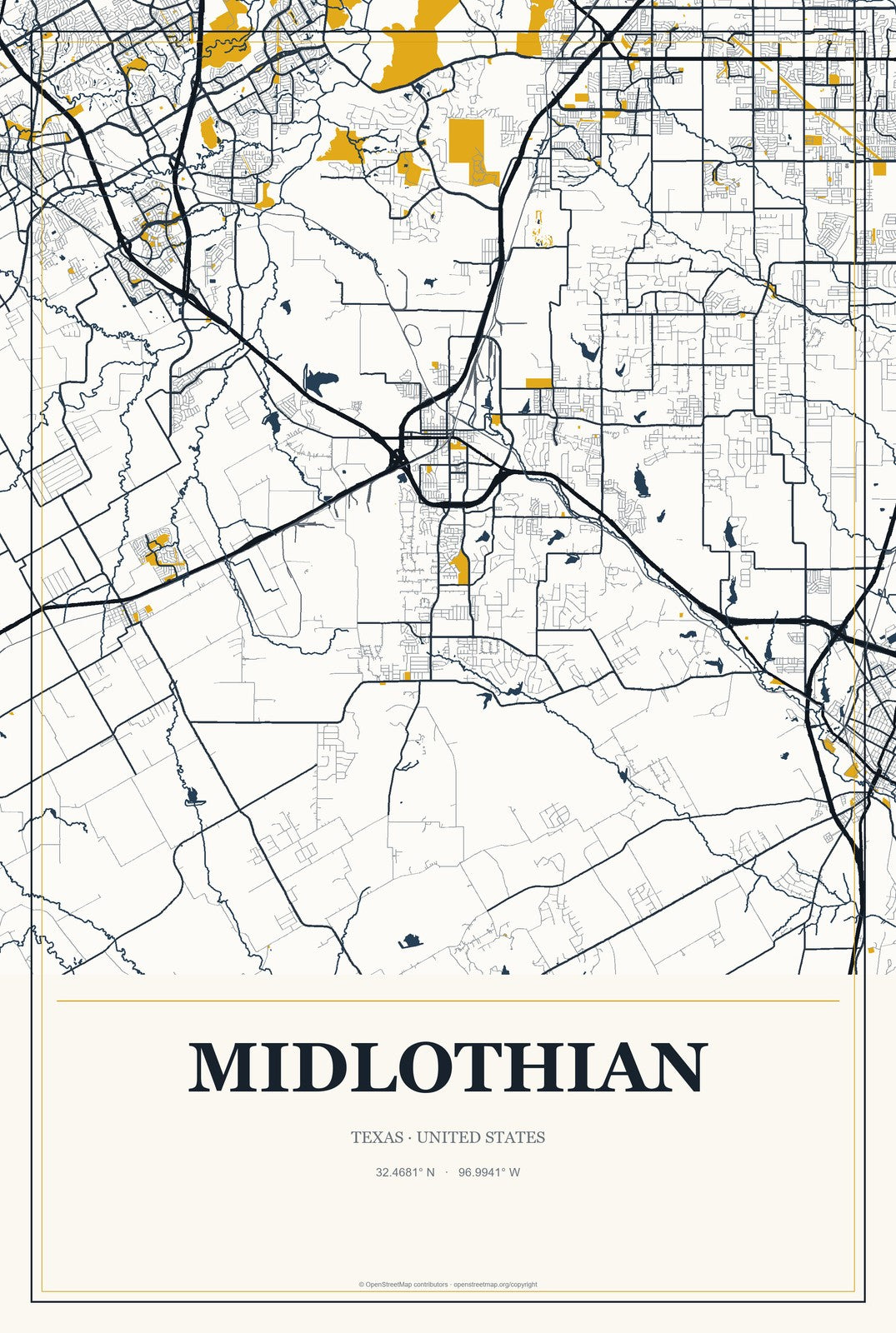 Midlothian, Texas City Map Aluminum Sign in Citrine Modern style