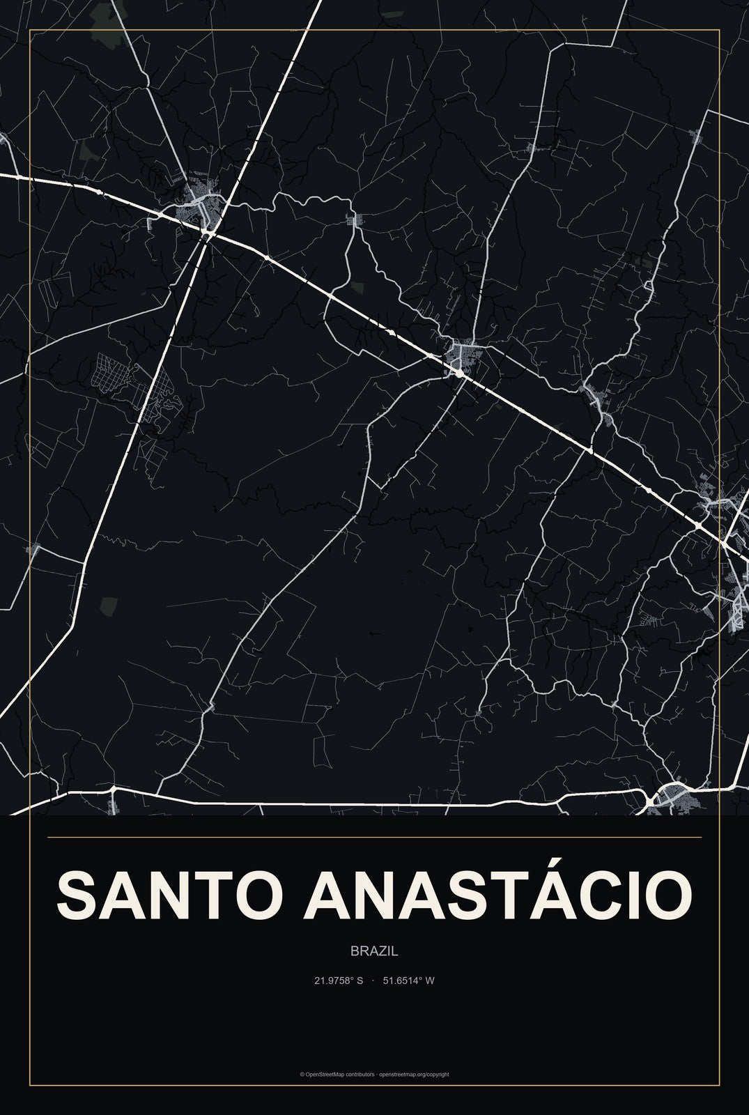 Santo Anastácio, Brazil City Map Aluminum Sign in Metropolitan Noir style