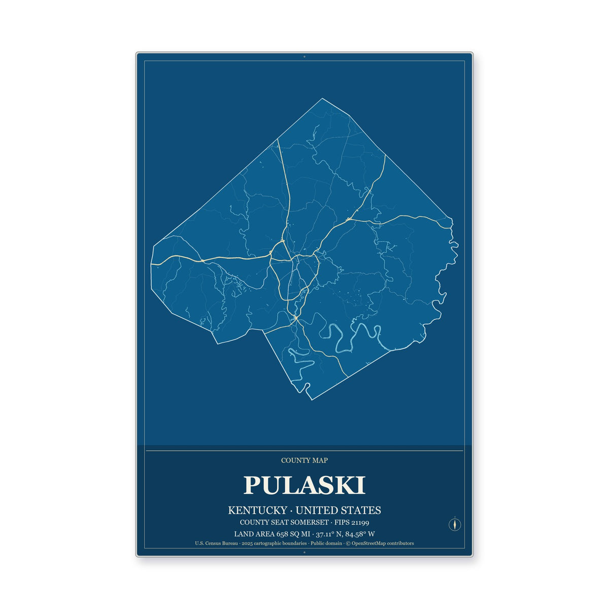Pulaski County, Kentucky Map Aluminum Sign in Harbor Cobalt style