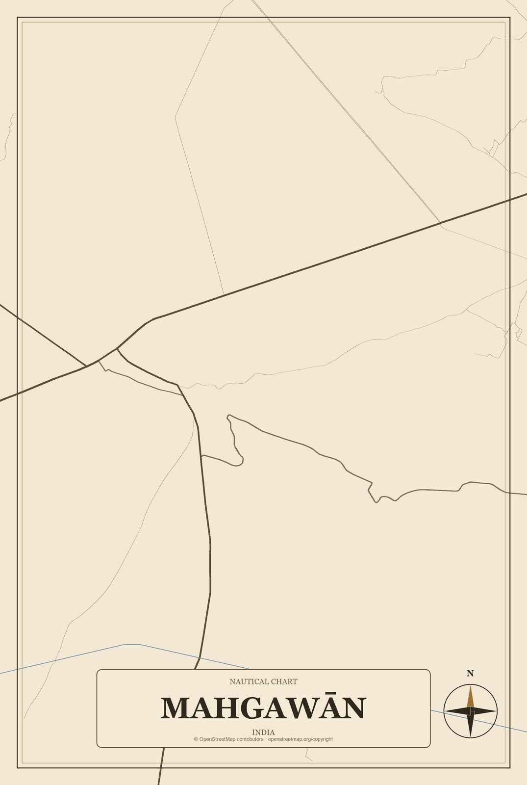 Mahgawān, India City Map Aluminum Sign in Heritage Nautical style
