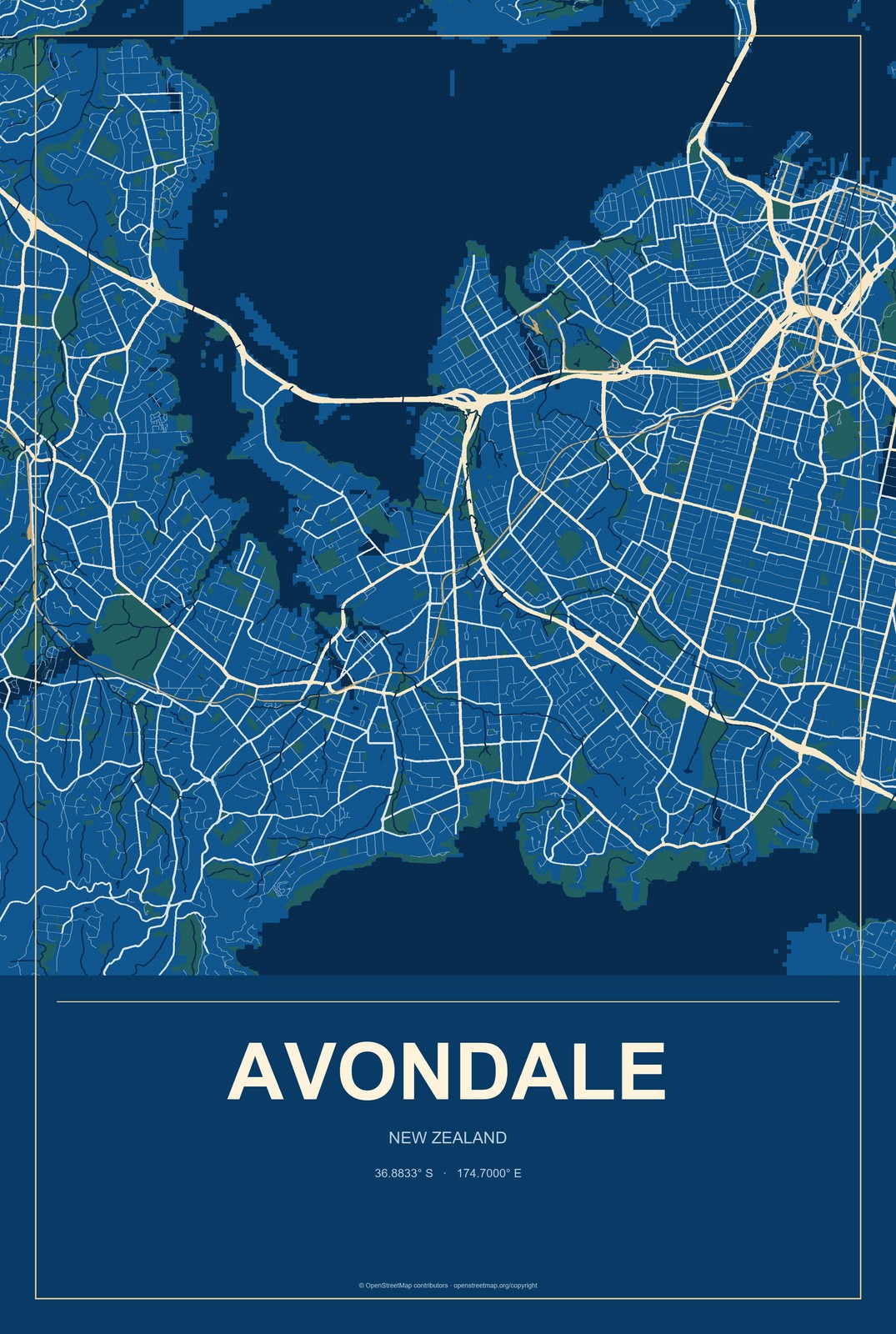 Avondale, New Zealand City Map Aluminum Sign in Harbor Cobalt style