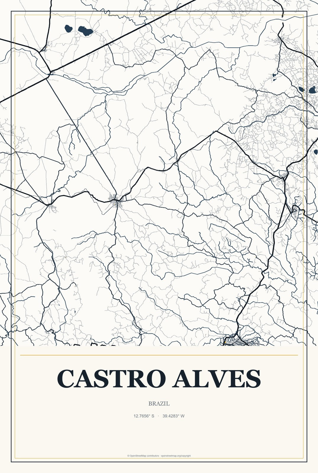 Castro Alves, Brazil City Map Aluminum Sign in Citrine Modern style