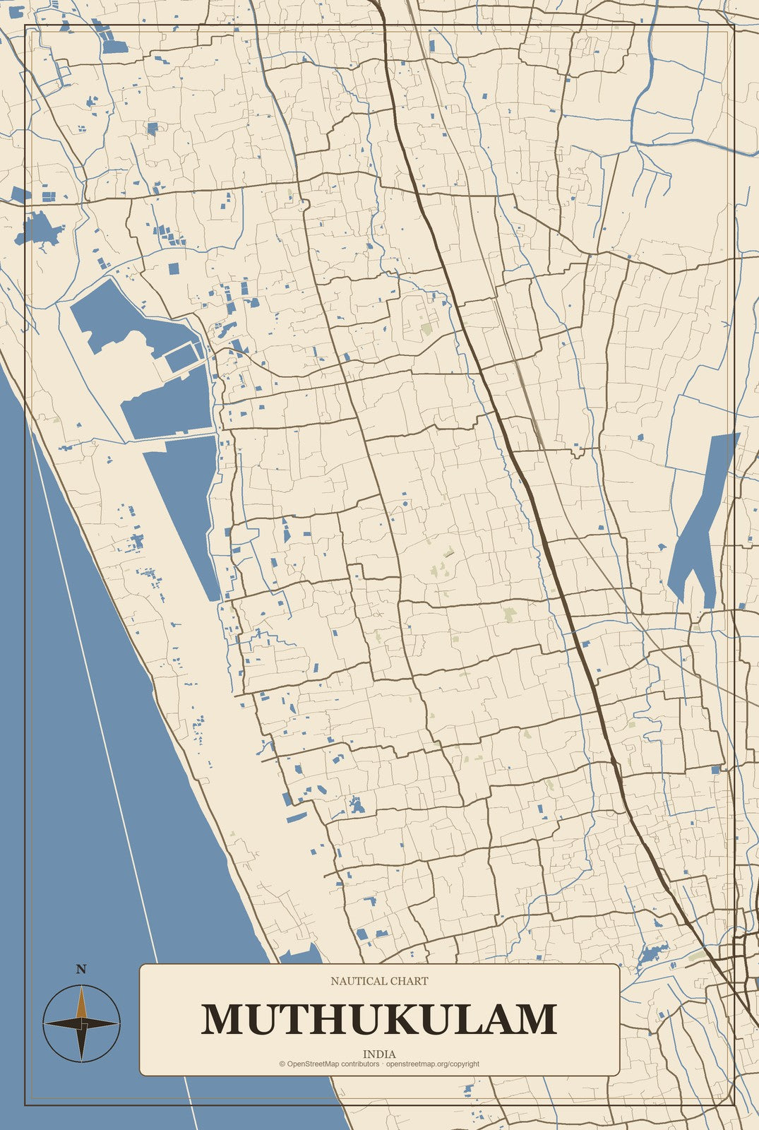 Muthukulam, India City Map Aluminum Sign in Heritage Nautical style