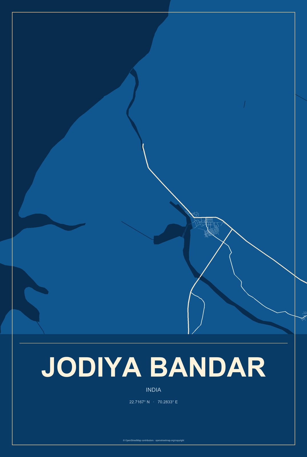 Jodiya Bandar, India City Map Aluminum Sign in Harbor Cobalt style