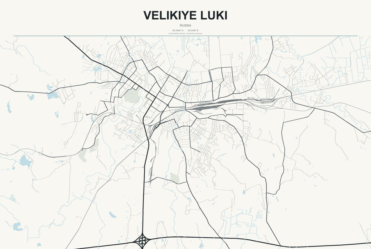 Velikiye Luki, Russia City Map Aluminum Sign in Headline Atlas style
