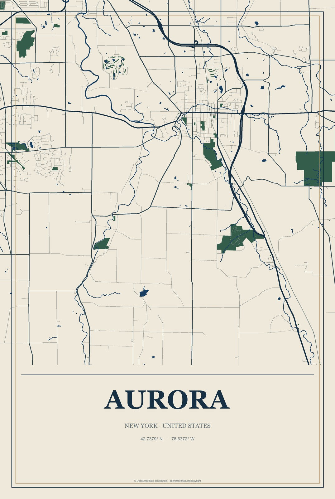 Aurora, New York City Map Aluminum Sign in Coastal Cutout style