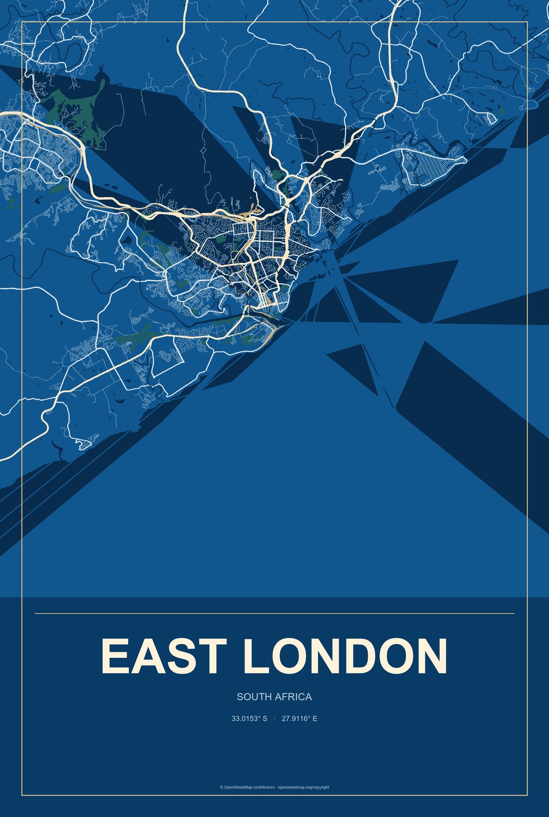 East London, South Africa City Map Aluminum Sign in Harbor Cobalt style