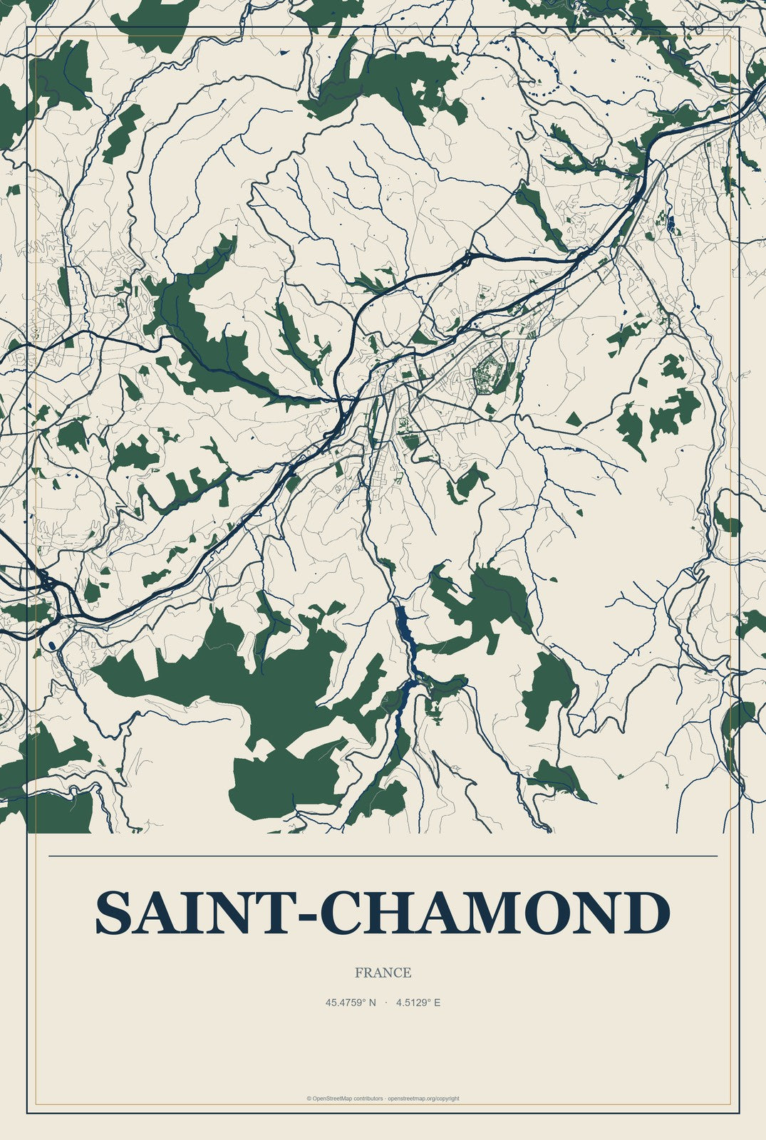 Saint-Chamond, France City Map Aluminum Sign in Coastal Cutout style