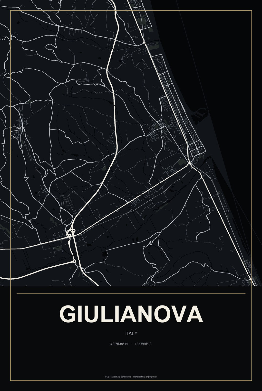 Giulianova, Italy City Map Aluminum Sign in Metropolitan Noir style