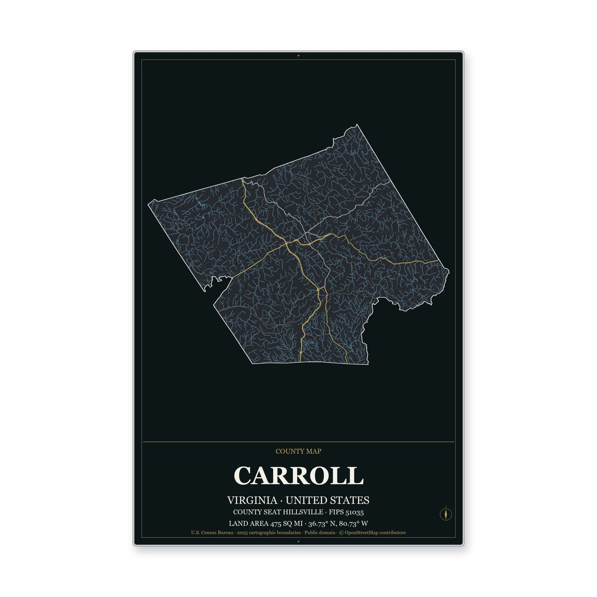 Carroll County, Virginia Map Aluminum Sign in Metropolitan Noir style