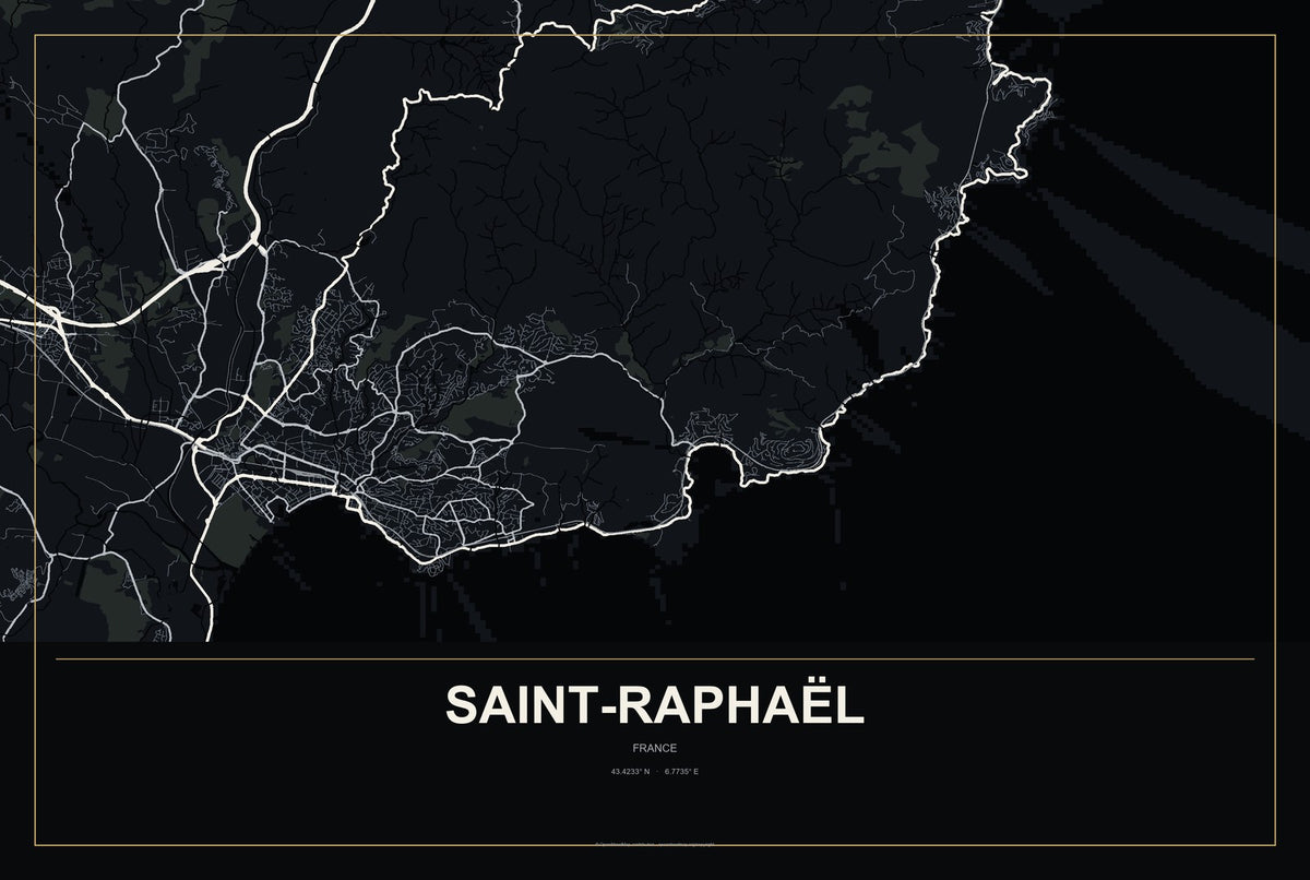 Saint-Raphaël, France City Map Aluminum Sign in Metropolitan Noir style